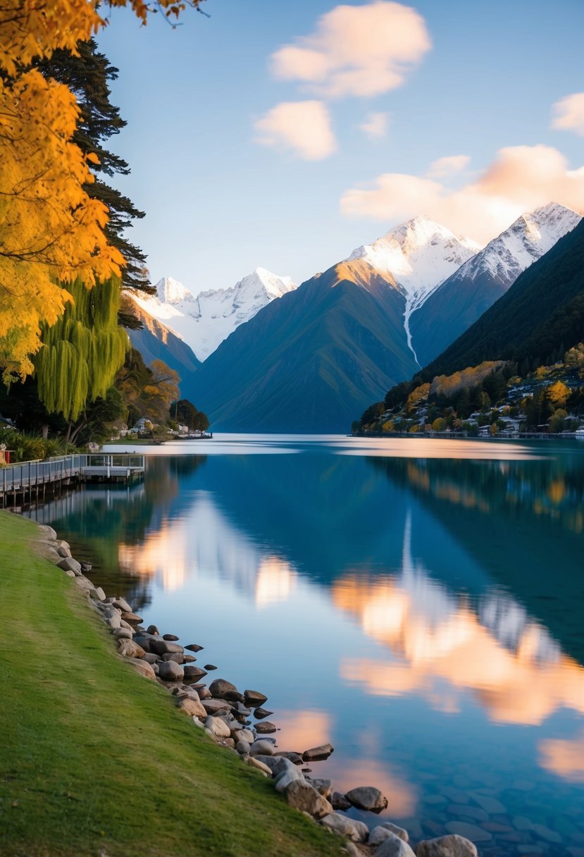 A tranquil lakeside view with snow-capped mountains and colorful foliage in Queenstown, New Zealand, perfect for a honeymoon in August