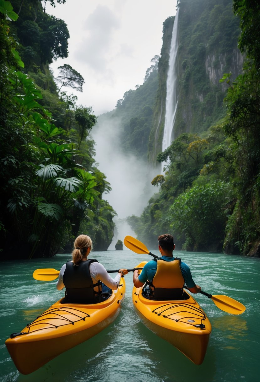 A couple kayaking through a lush, misty jungle river, surrounded by towering waterfalls and exotic wildlife