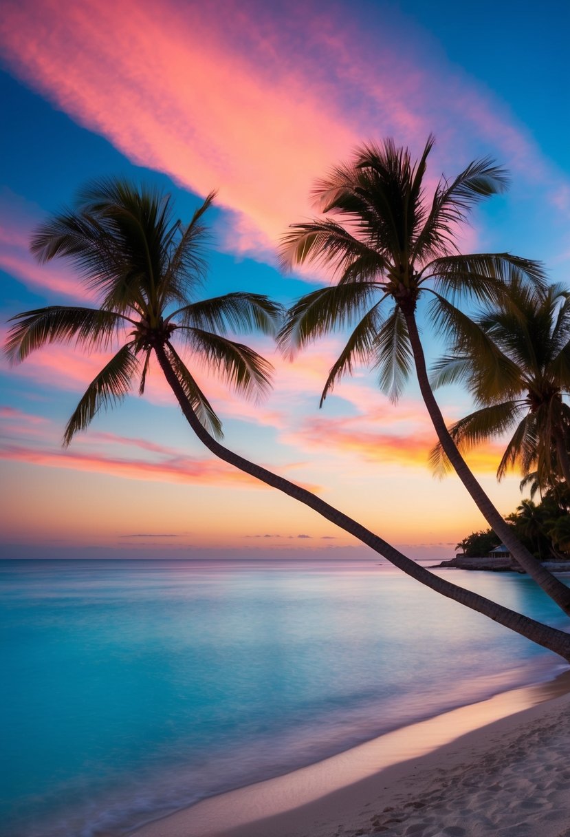 A tranquil beach with crystal clear waters and palm trees, set against a vibrant sunset sky