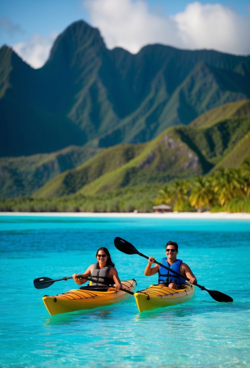 A couple kayaks through crystal-clear waters surrounded by lush green mountains on Bora Bora, French Polynesia