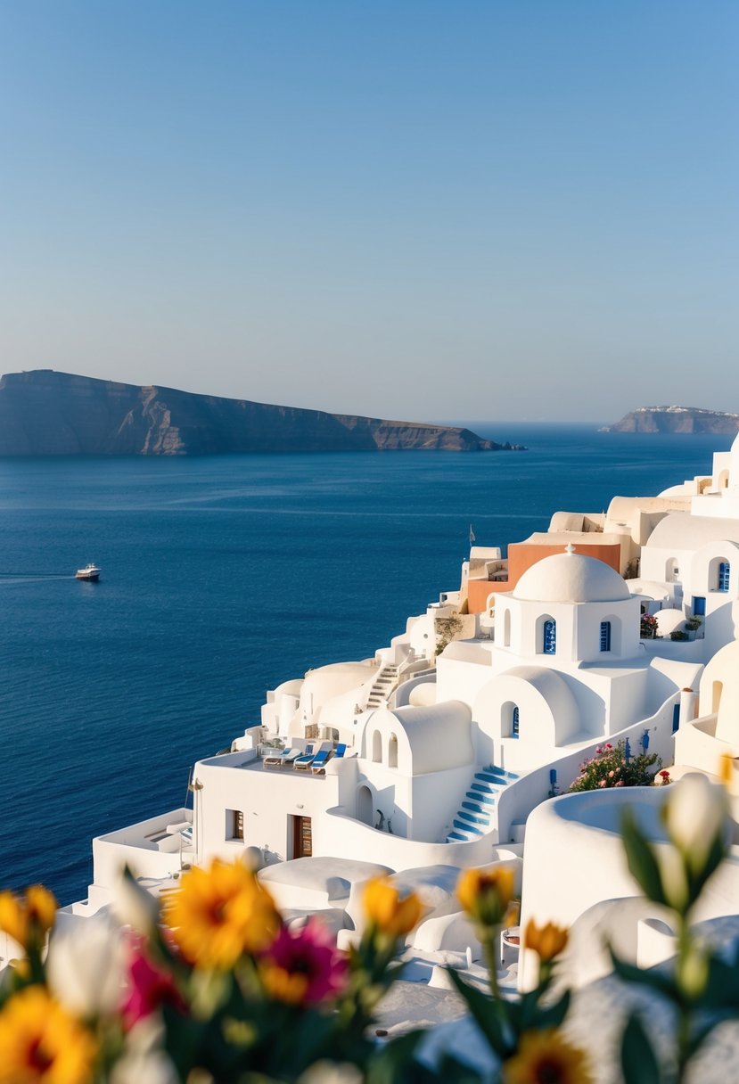 The iconic white buildings of Santorini overlook the crystal-clear blue waters of the Aegean Sea, with colorful flowers blooming in the foreground