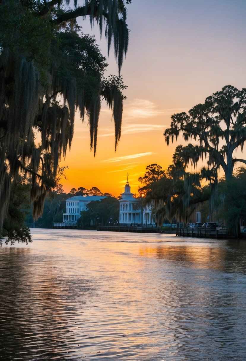 A peaceful sunset over a river with Spanish moss-draped trees and historic architecture in Savannah, Georgia
