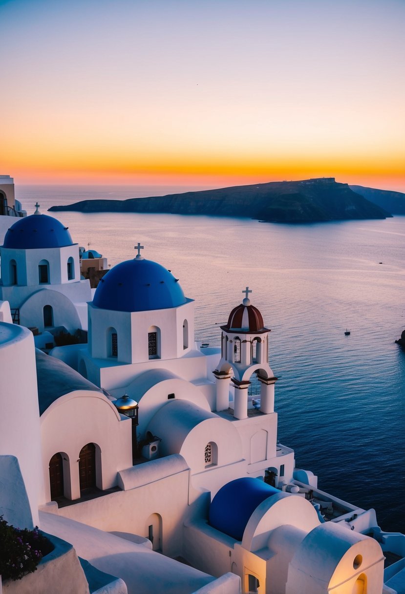 A picturesque sunset over the iconic white-washed buildings and blue-domed churches of Santorini, with the crystal-clear waters of the Aegean Sea in the background