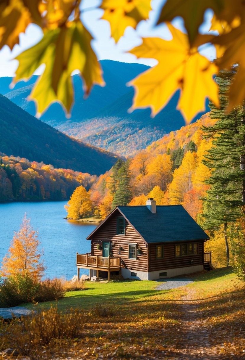 A cozy cabin nestled in the Blue Ridge Mountains, surrounded by vibrant fall foliage and a serene lake