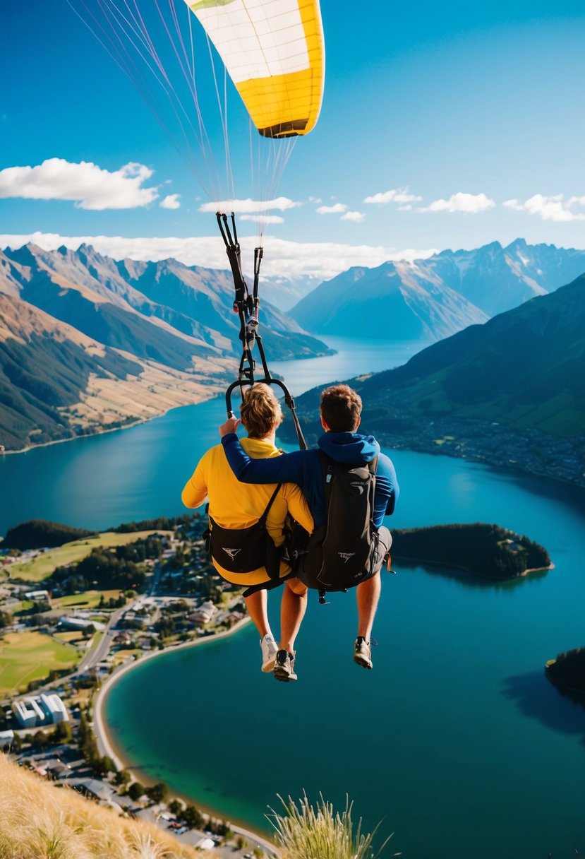 A couple paragliding over the stunning mountains and lakes of Queenstown, New Zealand