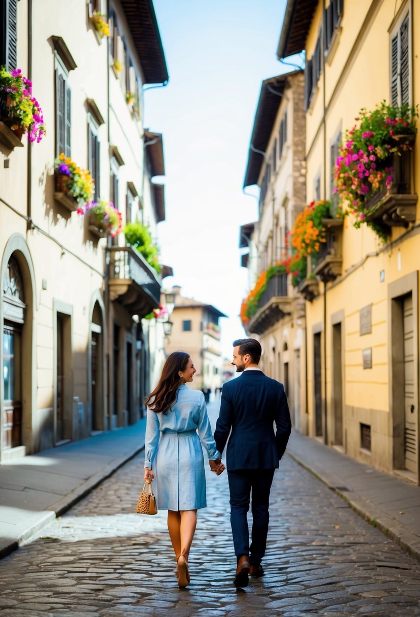 A sunny day in Florence, Italy. A couple walks hand in hand through the cobblestone streets, passing by historic buildings and colorful flower-filled balconies