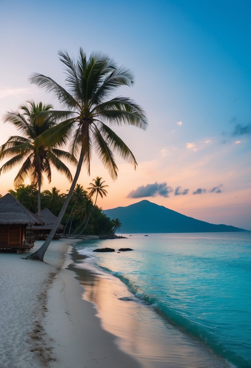 A serene beach at sunset with palm trees, clear blue waters, and a couple of traditional Balinese huts nestled along the shore