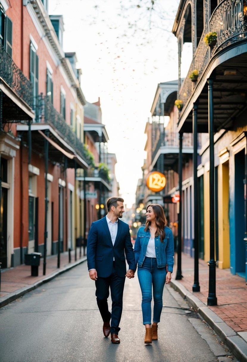 A couple strolling through the charming streets of New Orleans, passing by colorful buildings and lively jazz bars
