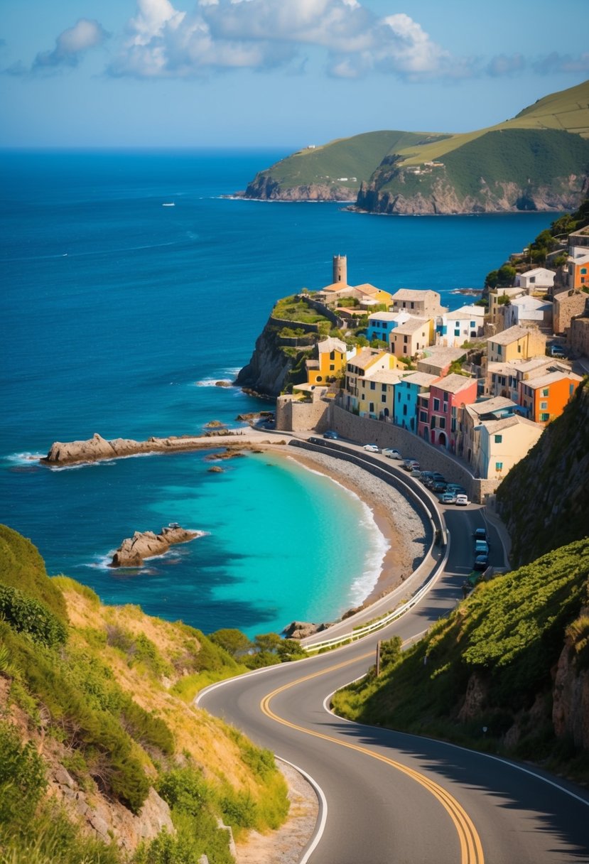 A winding coastal road with colorful cliffside villages overlooking the turquoise sea. Rocky beaches and lush green hills complete the picturesque scene
