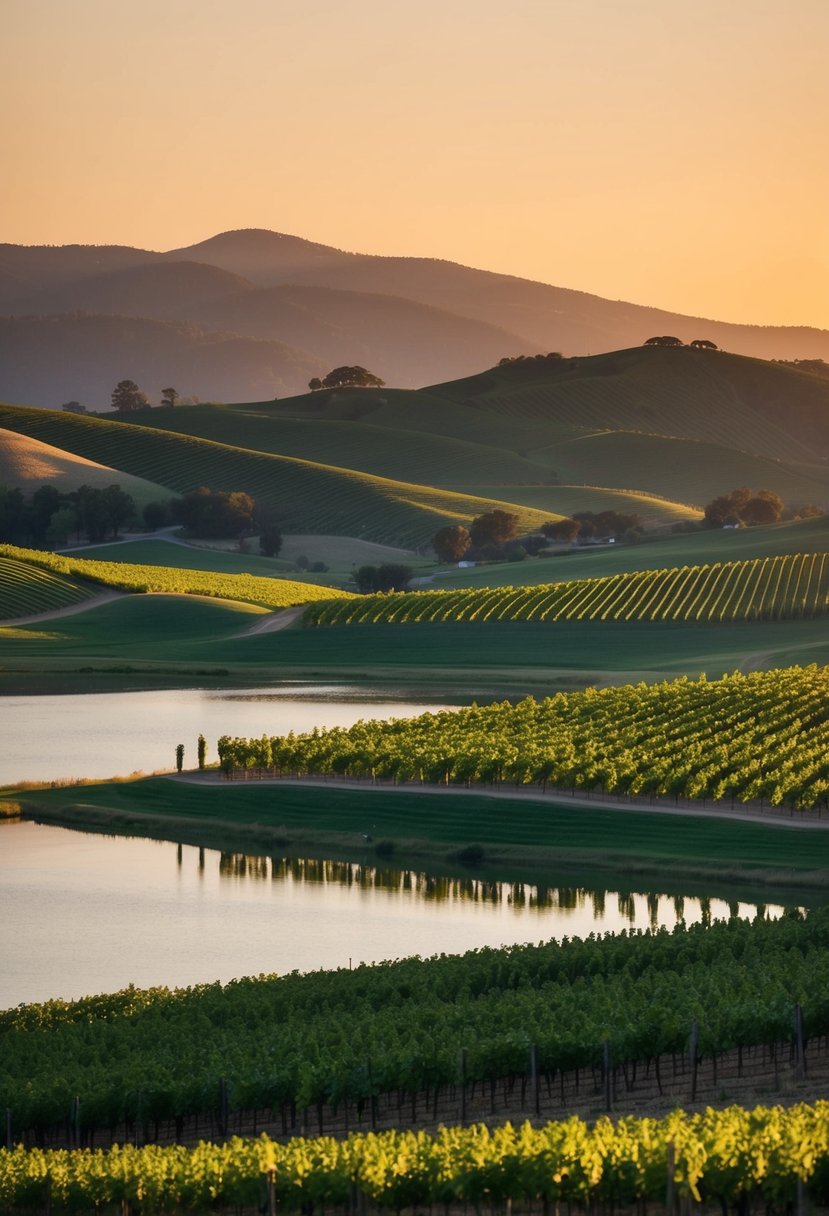 Rolling vineyard hills meet a serene lake at Napa Valley, California. The sun sets behind the mountains, casting a warm glow over the picturesque landscape