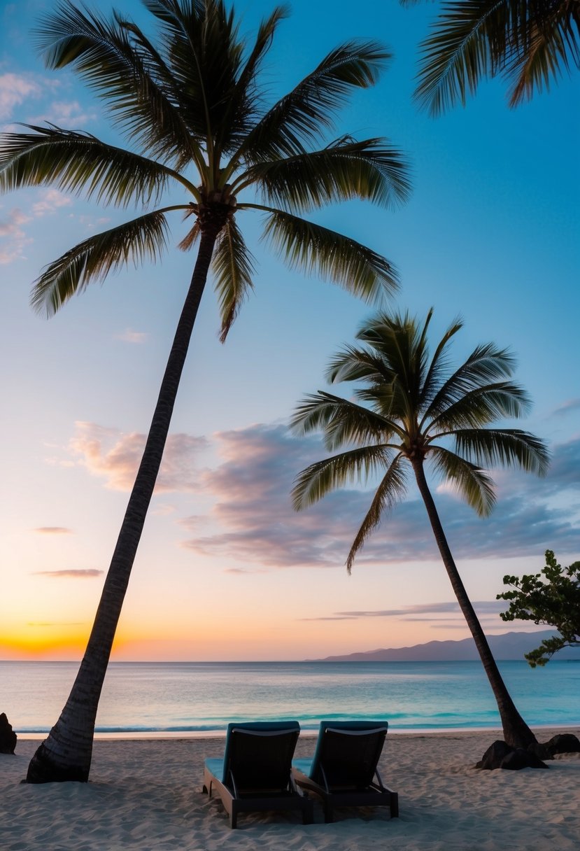 A serene beach at sunset with palm trees, clear blue waters, and a couple of lounging chairs, perfect for a romantic honeymoon getaway in Maui, Hawaii in April