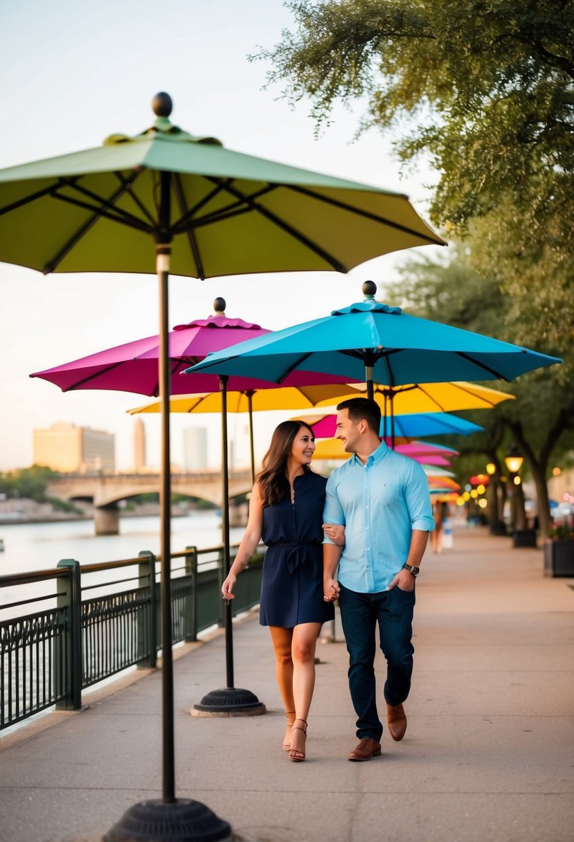 A couple strolling along the scenic River Walk in San Antonio, Texas, passing under the colorful umbrellas and enjoying the romantic atmosphere