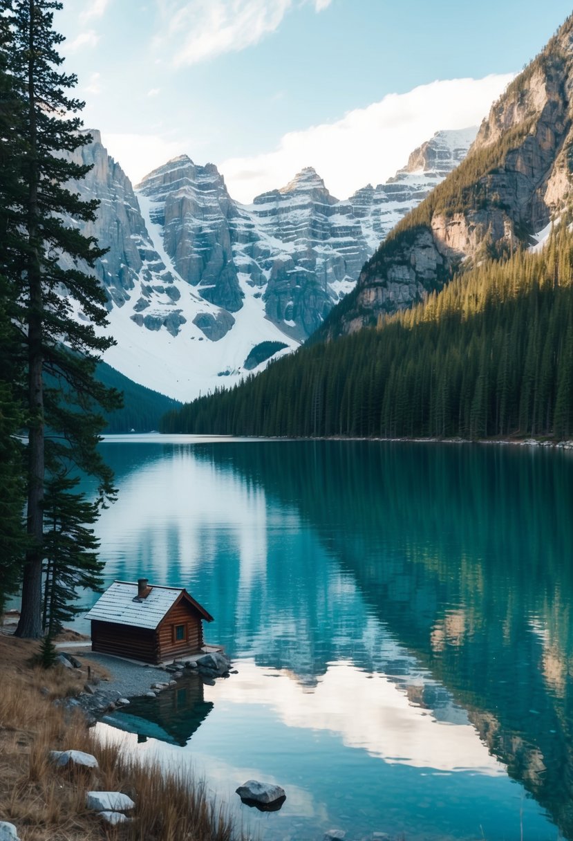 A serene lake surrounded by snow-capped mountains, with a small wooden cabin nestled in the pine trees on the shore