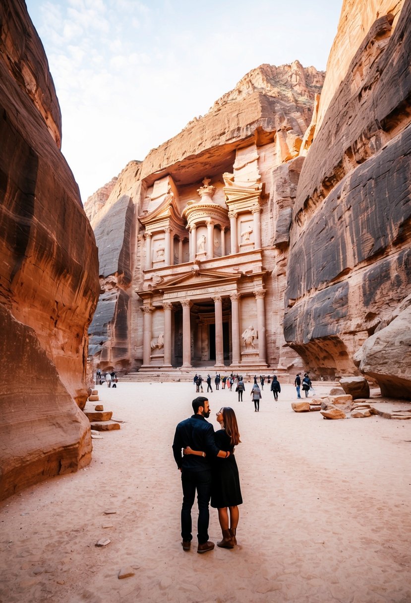 A couple explores the ancient city of Petra, surrounded by towering red rock cliffs and intricate carved architecture