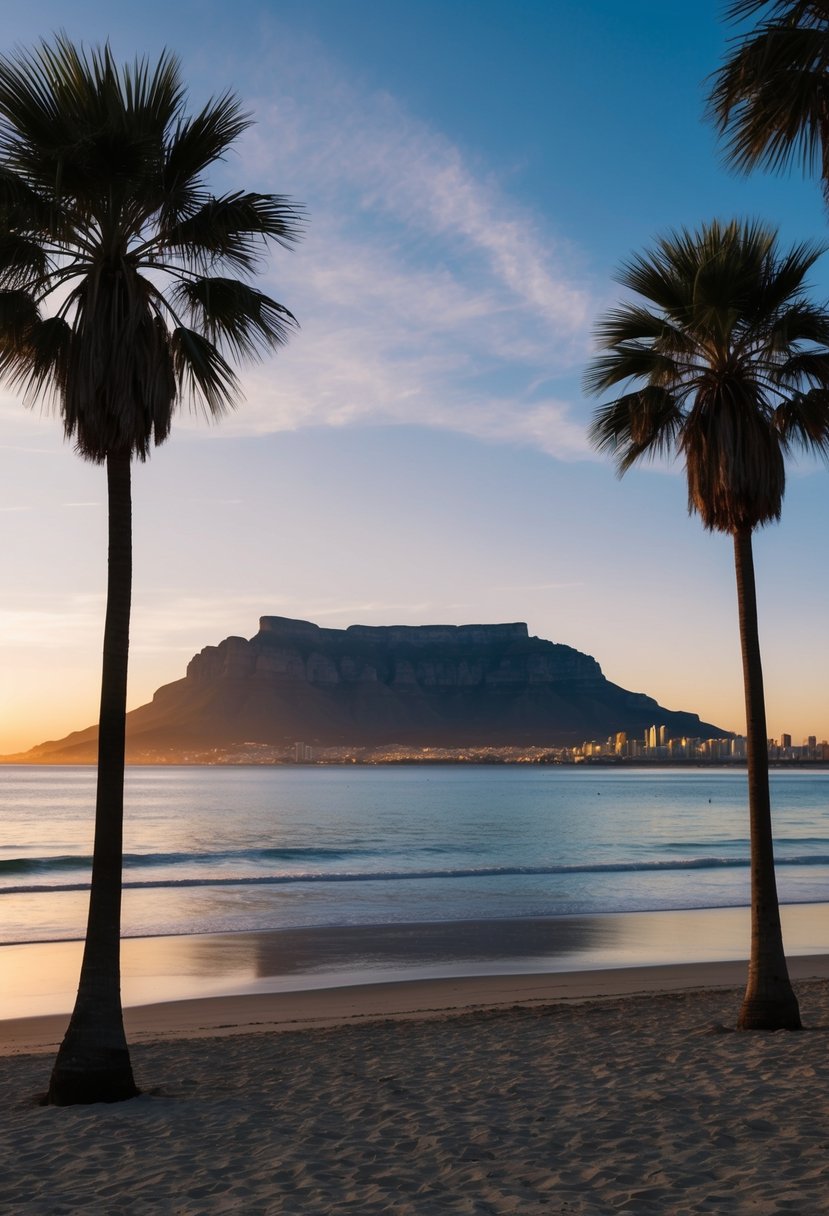 A serene beach at sunset, with Table Mountain in the background and a couple of palm trees swaying in the gentle breeze