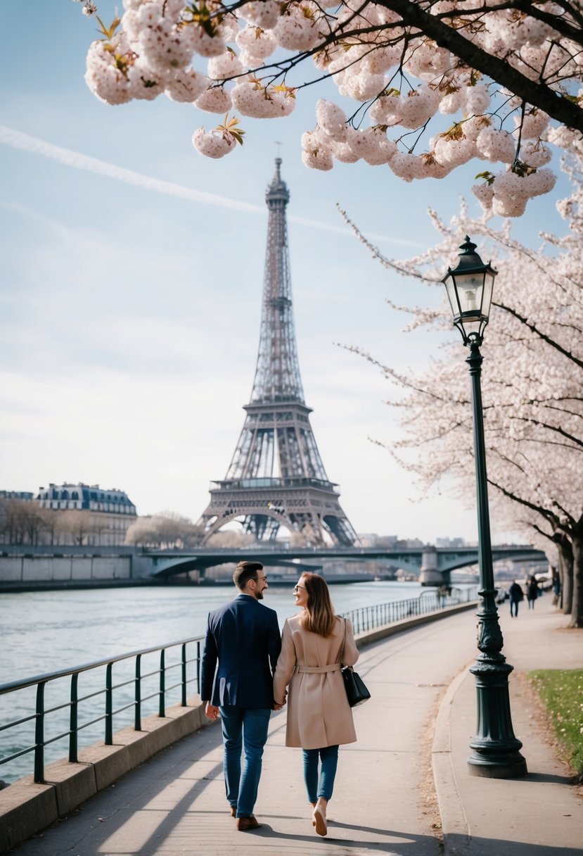 A couple strolling along the Seine River, with the Eiffel Tower in the background and cherry blossoms in full bloom