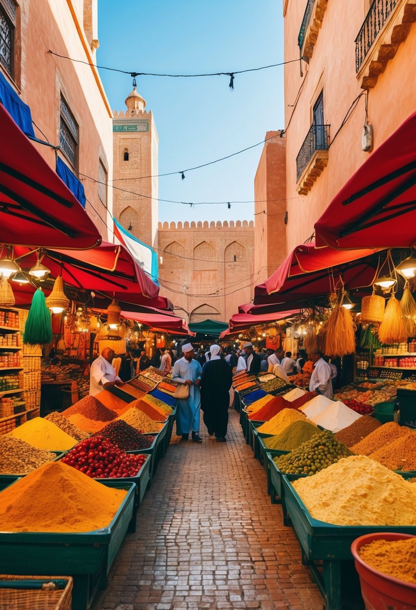 A bustling Marrakech market with vibrant colors, exotic spices, and traditional Moroccan architecture