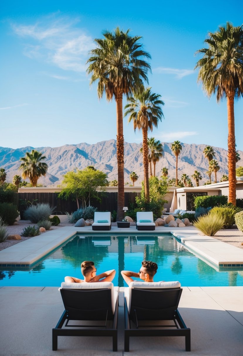 A couple lounges in a private pool villa surrounded by palm trees and desert mountains in Palm Springs, California