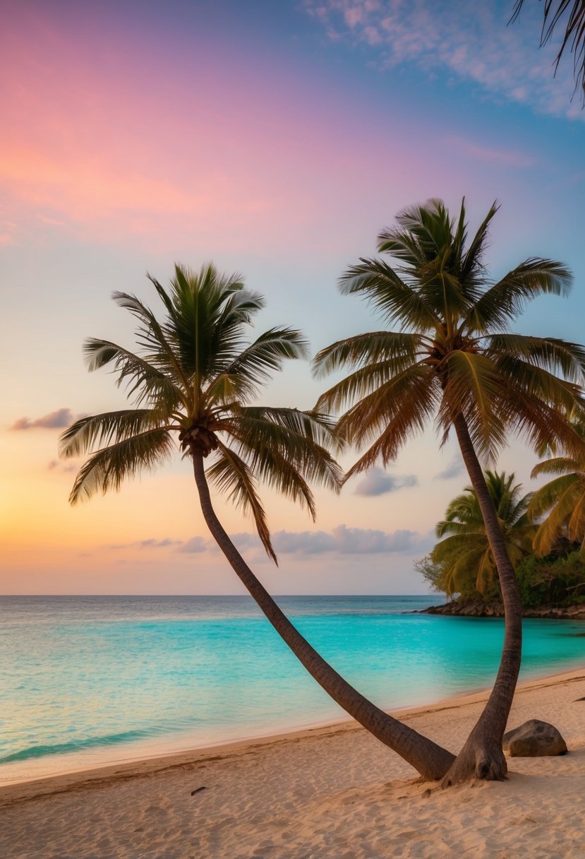 A secluded beach at sunset, with palm trees, crystal-clear waters, and a colorful sky, perfect for a romantic honeymoon getaway in Zanzibar, Tanzania in April