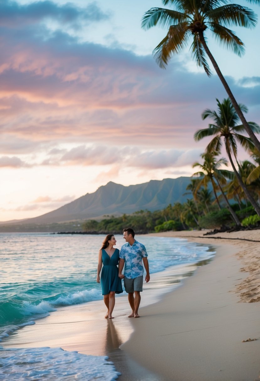 A couple walks along a pristine beach in Maui, Hawaii, with crystal clear water, palm trees, and a colorful sunset in the background