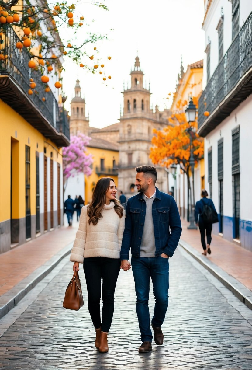A couple strolling through the colorful streets of Seville, Spain in April, with blooming flowers, orange trees, and historic architecture