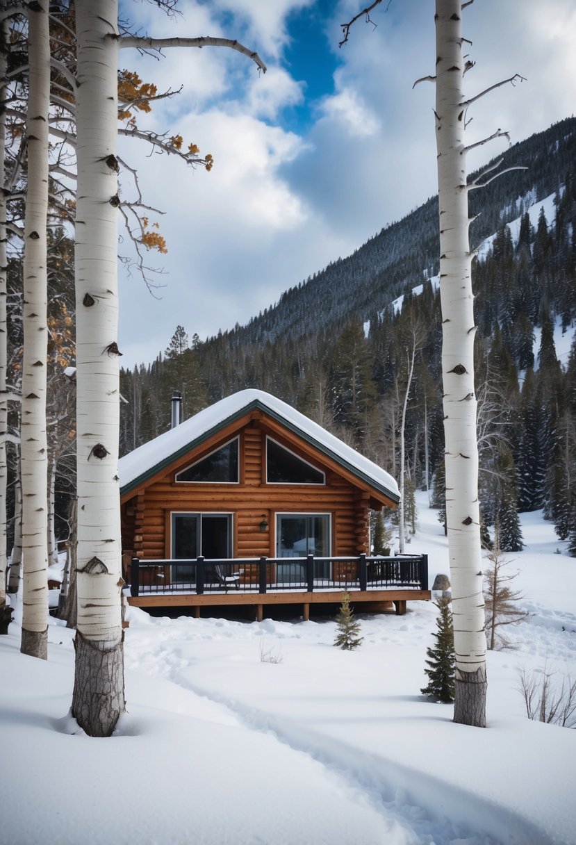 A cozy cabin nestled among snow-covered aspen trees in the mountains of Colorado