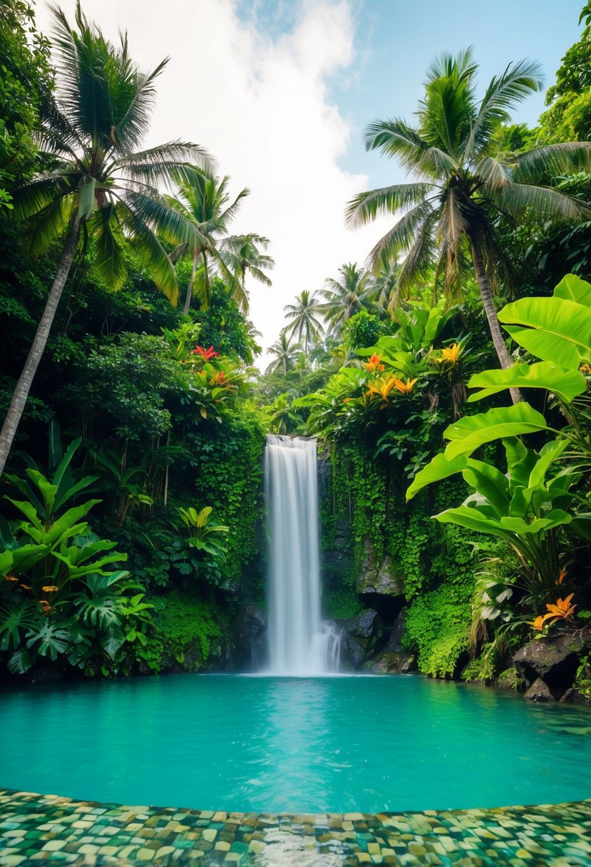 A lush jungle waterfall cascades into a crystal-clear pool, surrounded by vibrant tropical foliage and towering palm trees in Bali, Indonesia