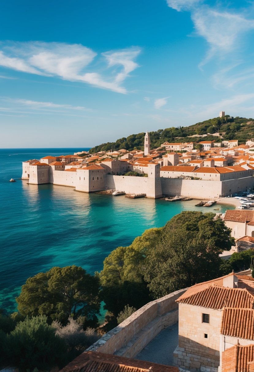 A picturesque coastal city with terracotta roofs, ancient walls, and crystal-clear waters, set against a backdrop of lush greenery and blue skies