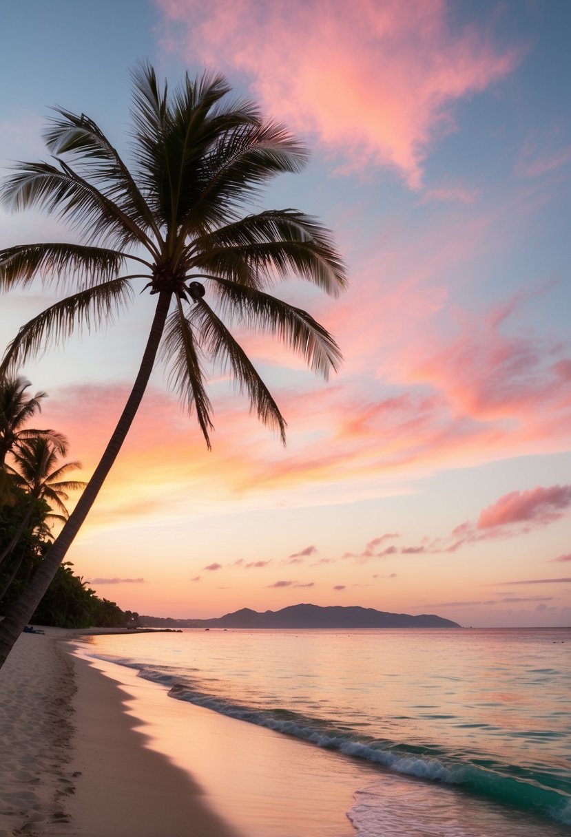 A tranquil beach at sunset, palm trees swaying in the warm breeze, crystal-clear water lapping at the shore, and a colorful sky painted with hues of pink and orange