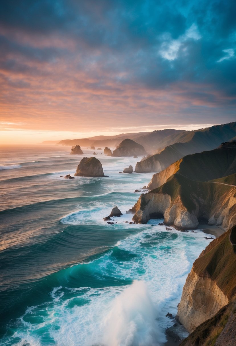 A scenic coastal view of Big Sur, California with rugged cliffs, crashing waves, and a picturesque sunset