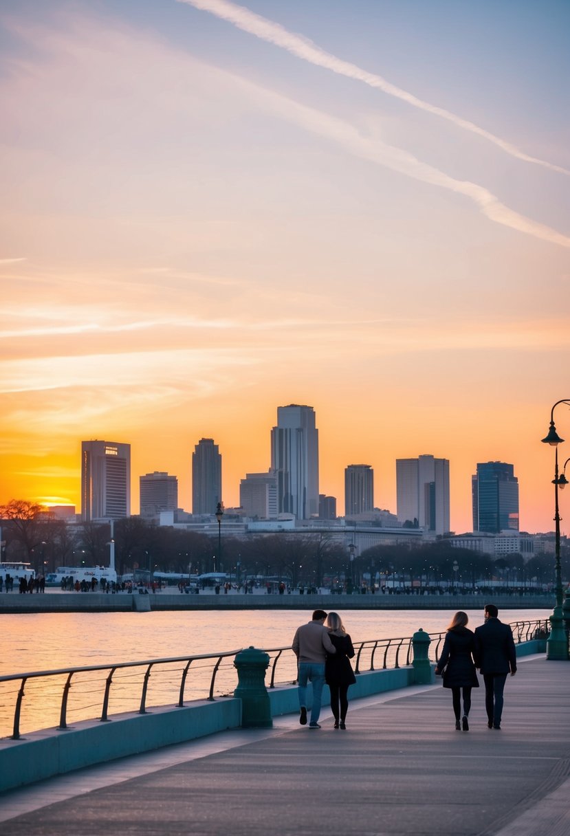 A serene sunset over the Buenos Aires skyline, with couples strolling along the waterfront and enjoying the warm April weather