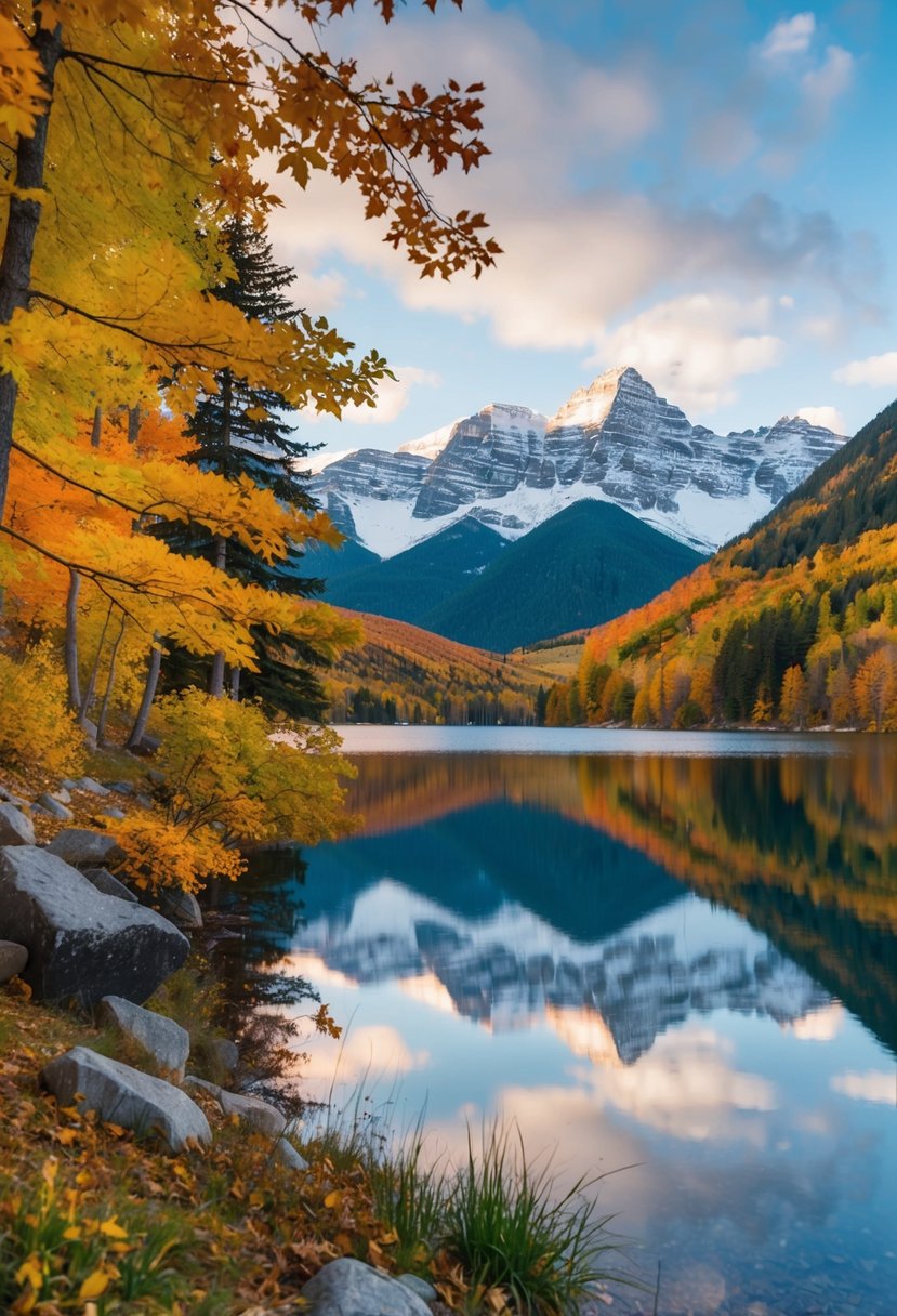 A serene lakeside with snow-capped mountains in the background, surrounded by vibrant autumn foliage