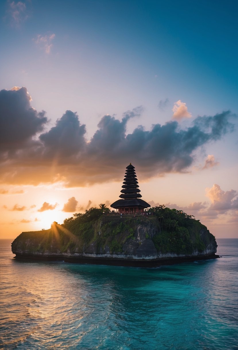A stunning sunset over the Uluwatu Temple, perched on a cliff overlooking the Indian Ocean in Bali