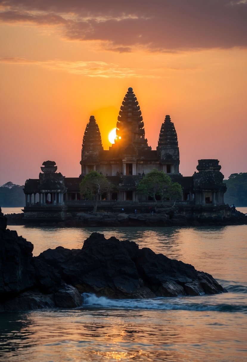 The sun sets behind Tanah Lot Temple, casting a warm glow on the rocky shoreline and the iconic silhouette of the temple perched on a small island