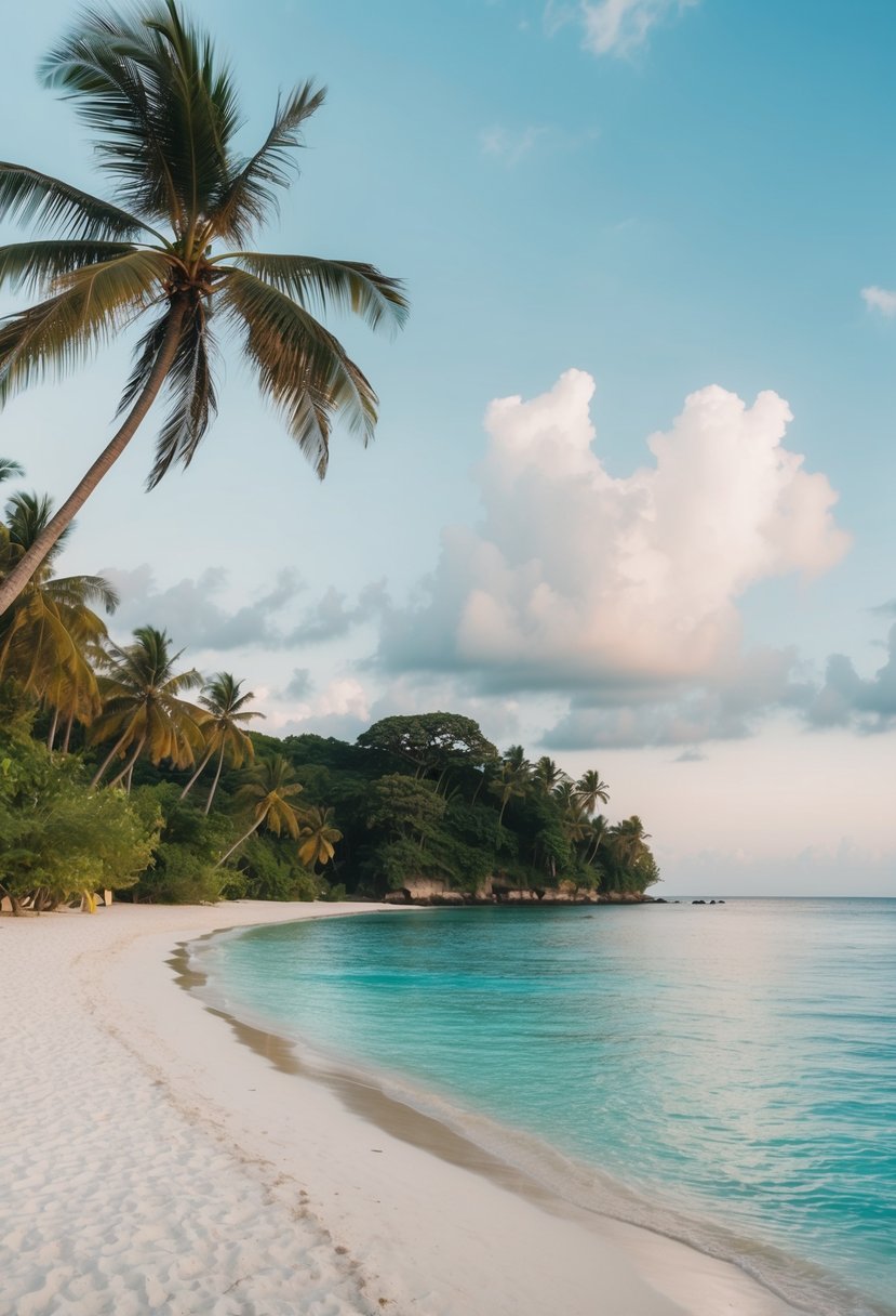 A serene beach at Nusa Dua, Bali with crystal clear waters, white sand, and lush greenery