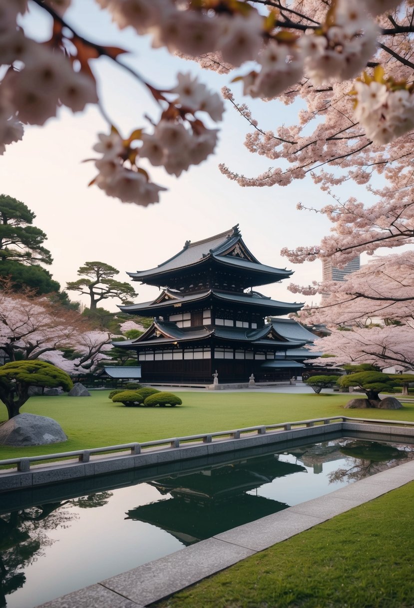 A serene Kyoto garden with traditional Japanese architecture and cherry blossom trees