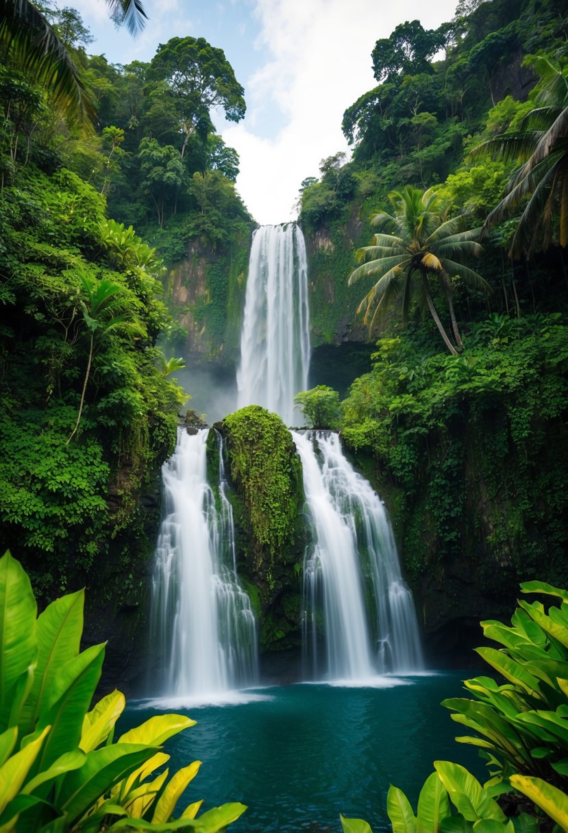 A lush, tropical jungle surrounds the majestic Sekumpul Waterfall in Bali. The cascading water creates a serene and romantic atmosphere, making it a perfect honeymoon destination
