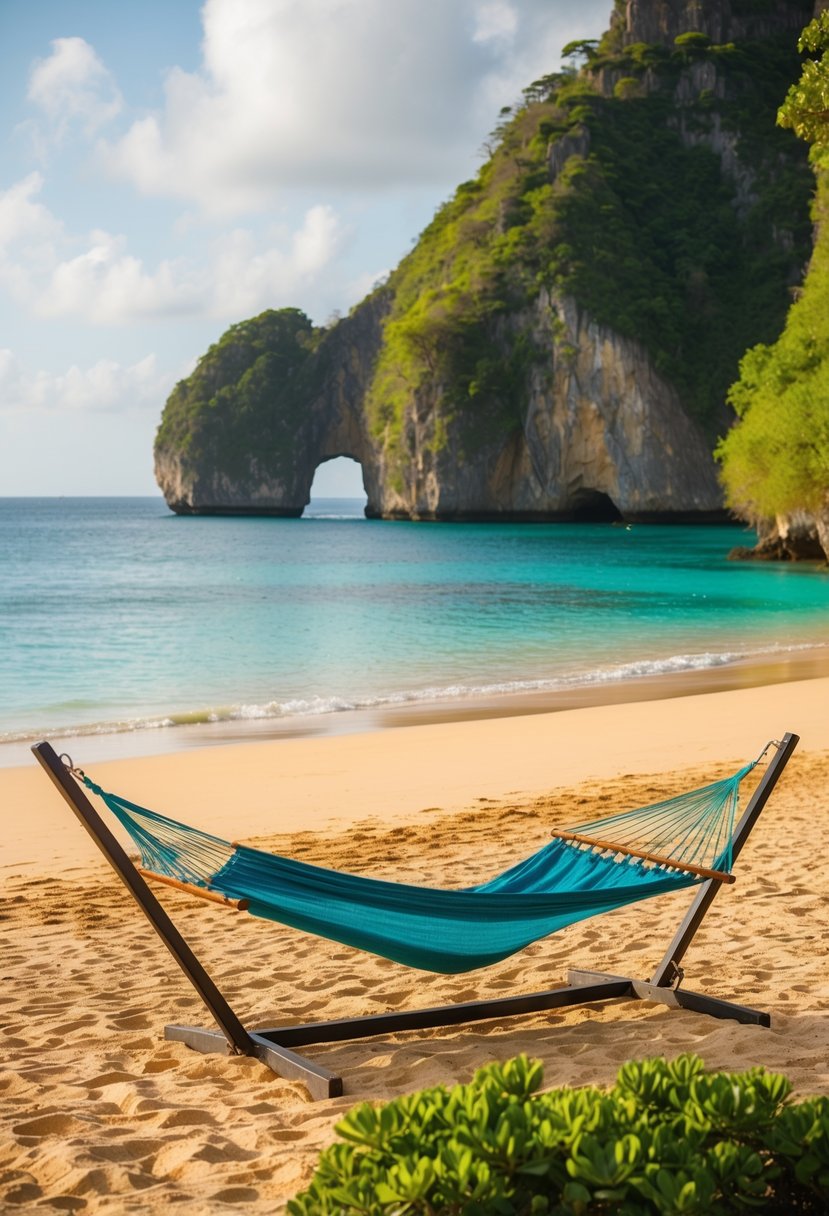 A secluded beach with turquoise water, golden sand, and lush green cliffs. A couple's hammock sways gently in the breeze