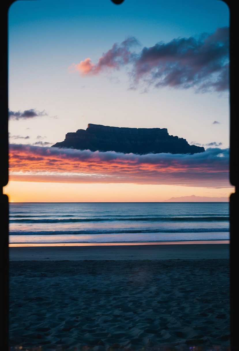 A serene beach with a vibrant sunset over the ocean, framed by Table Mountain in the distance