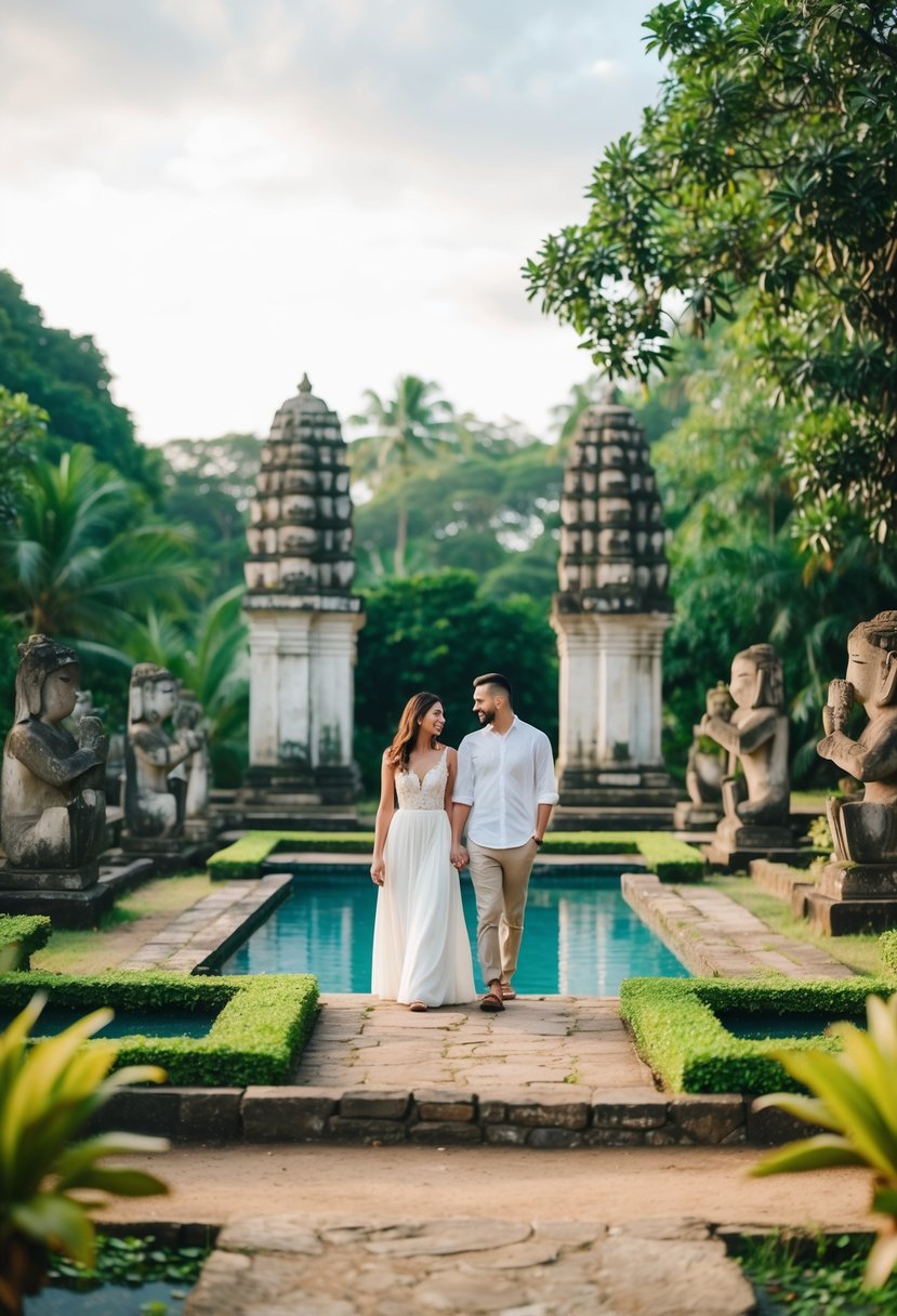 A couple strolling through the lush gardens of Goa Gajah, surrounded by ancient stone carvings and tranquil pools