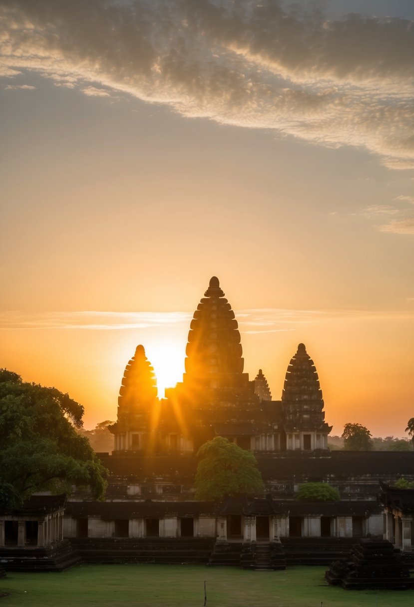 The sun sets behind the iconic Besakih Temple, casting a warm glow over the ancient stone structures and lush surrounding landscape
