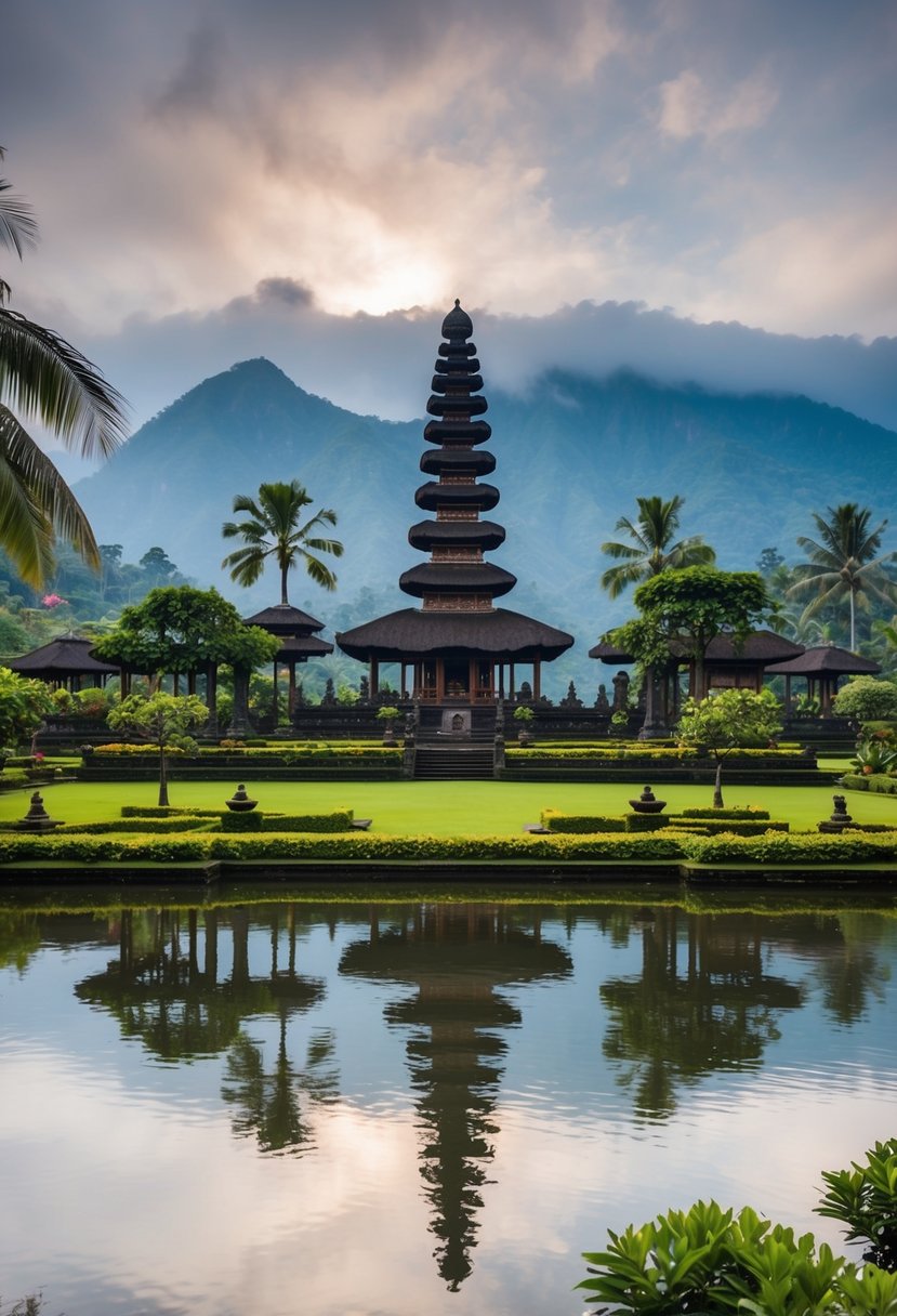A serene Ulun Danu Beratan Temple surrounded by lush gardens and overlooking a tranquil lake, set against a backdrop of misty mountains in Bali