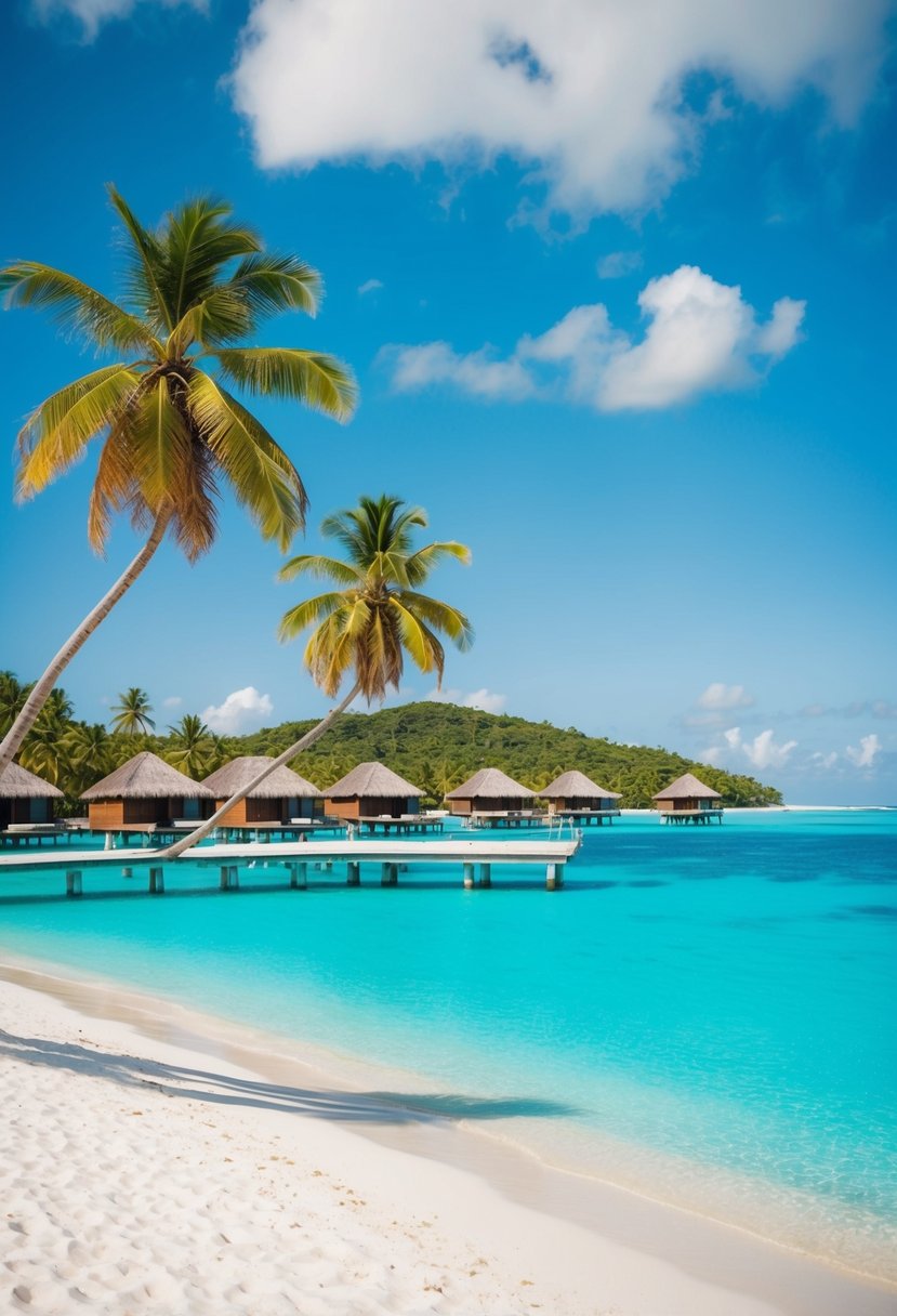 Turquoise lagoon with overwater bungalows and palm trees on white sandy beach in Bora Bora