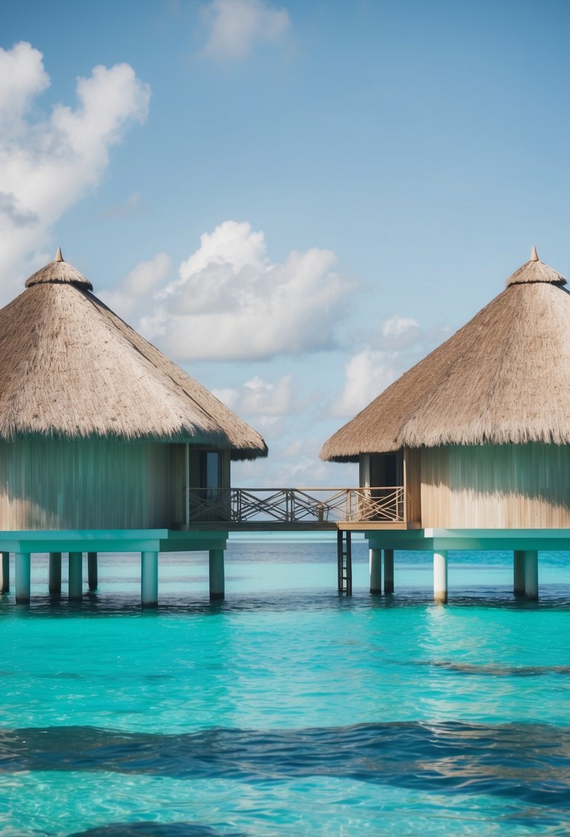 Tropical overwater bungalows with thatched roofs and turquoise lagoon at Four Seasons Resort in Bora Bora