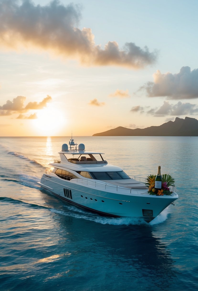 A luxurious yacht glides through the crystal-clear waters of Bora Bora as the sun sets, casting a warm glow over the horizon. A bottle of champagne sits on the deck, surrounded by tropical flowers