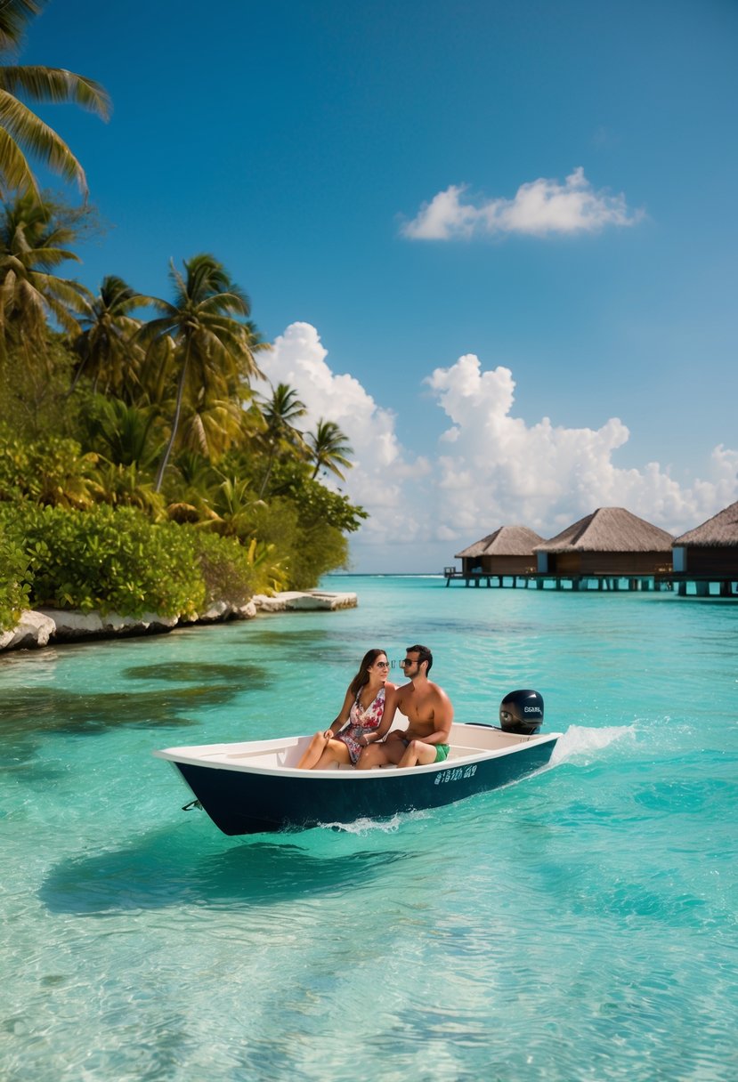 A couple in a small boat glides through a crystal-clear lagoon, surrounded by lush tropical foliage and overwater bungalows