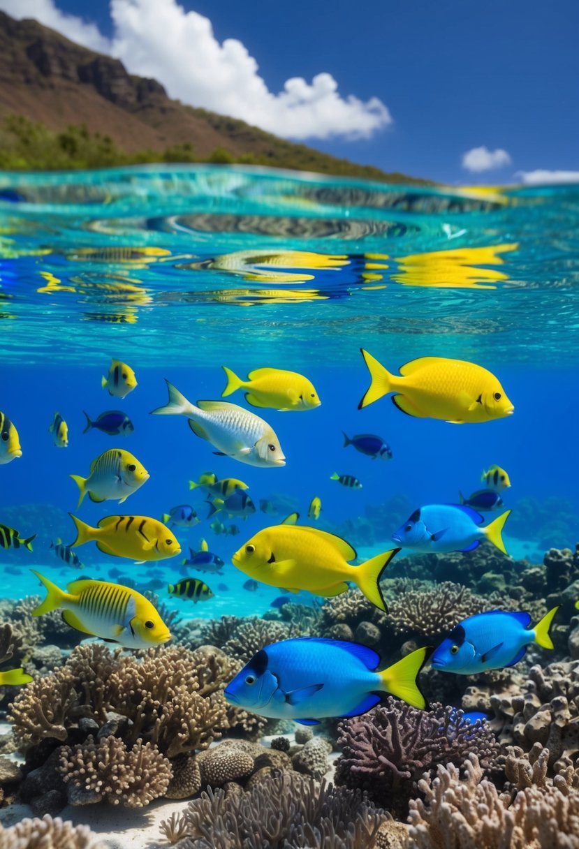 Colorful fish swim among vibrant coral at Coral Gardens, Bora Bora. Crystal-clear water and a sunny sky create a picturesque snorkeling scene