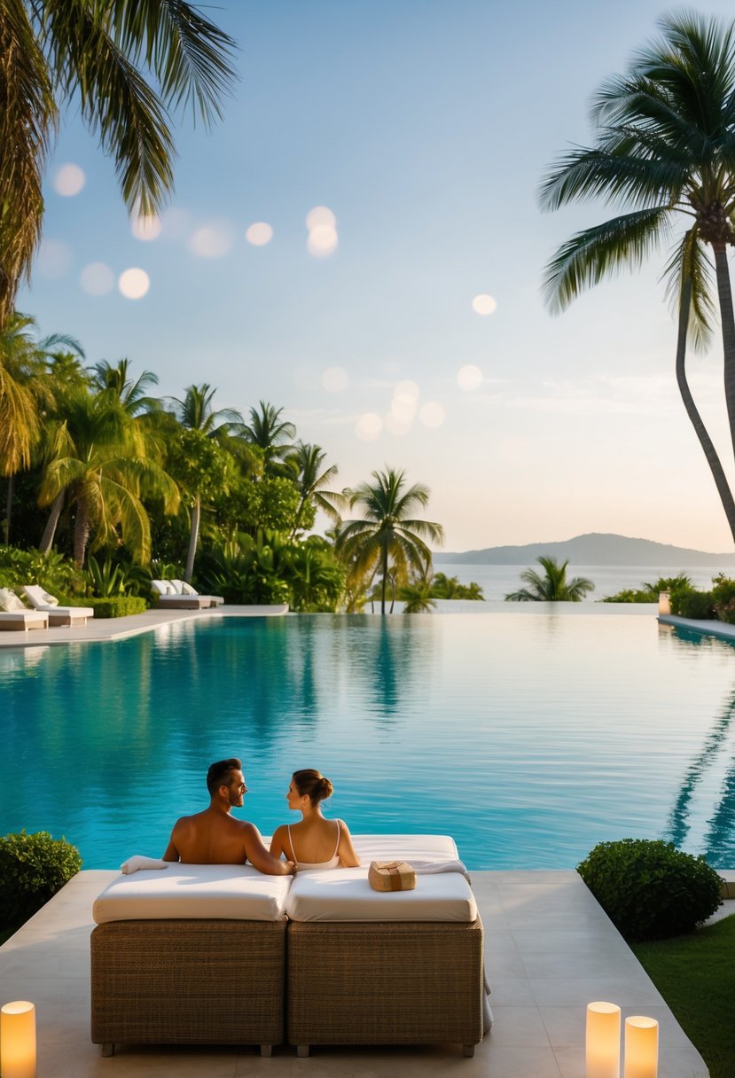 A serene spa overlooking crystal-clear waters with lush greenery, palm trees, and a couple enjoying a relaxing day of pampering and rejuvenation