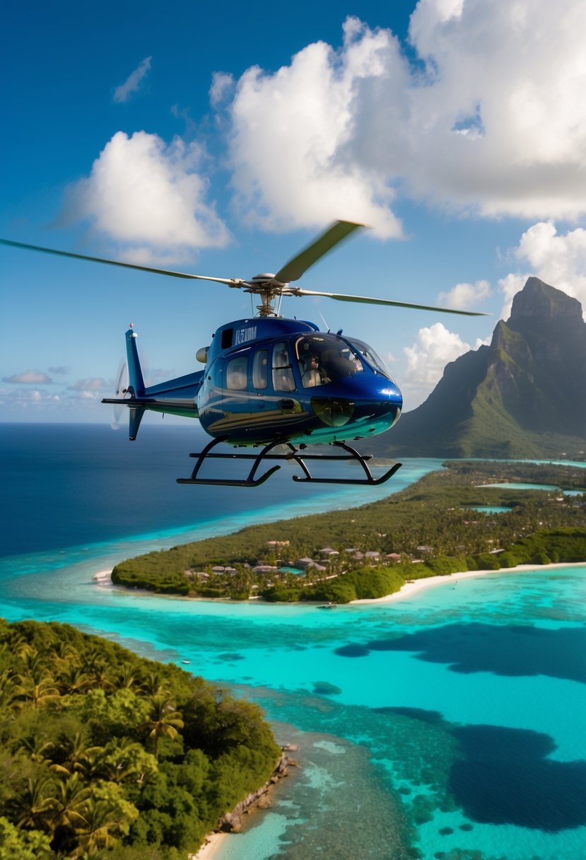 A helicopter hovers over Mount Otemanu, surrounded by crystal-clear turquoise waters and lush greenery, creating a breathtaking view for honeymooners in Bora Bora