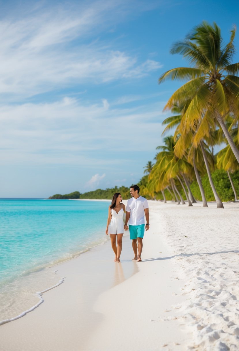 A couple strolls along the pristine white sand beach, with crystal-clear turquoise water and lush green palm trees lining the shore